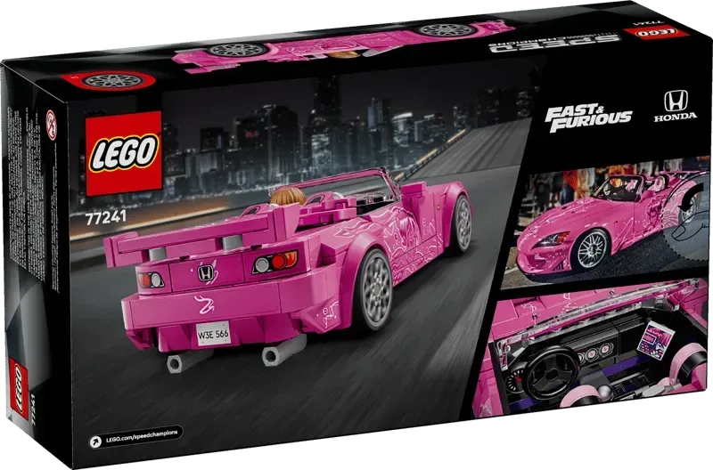 Lego 2 Fast 2 Furious Honda S2000 77241-1 box art displaying the pink car on a city street background with Fast & Furious and Honda logos.