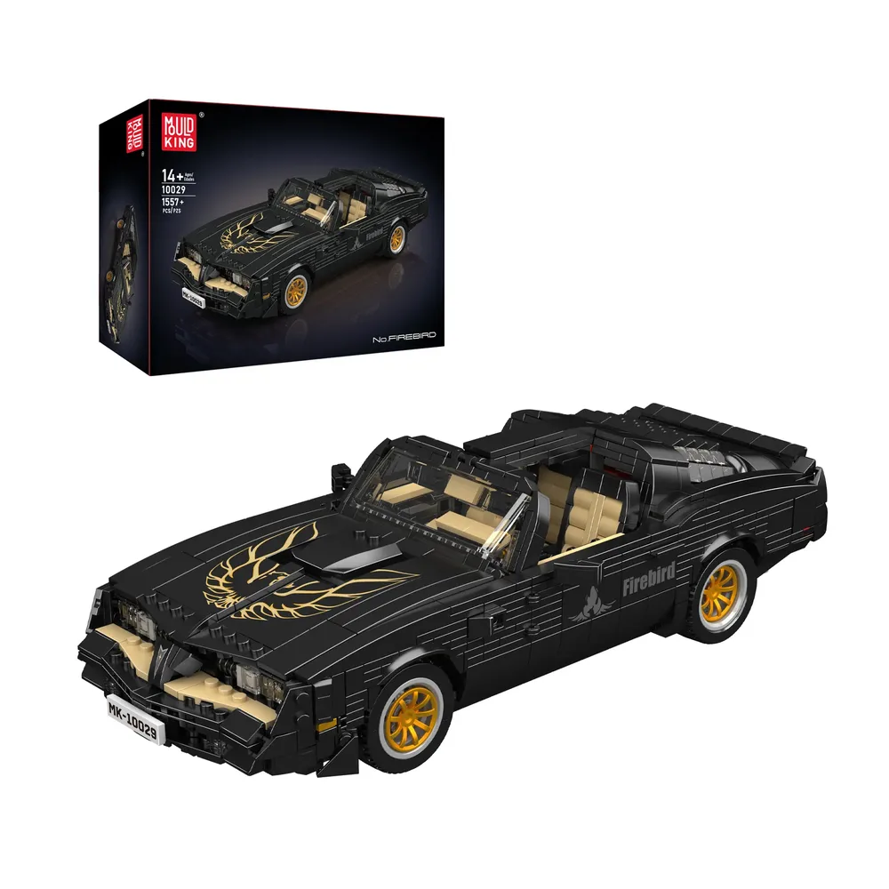Mould King 70s Convertible Muscle Car 10029 with packaging, showcasing the black car with gold details and open top.