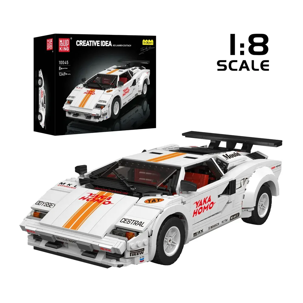 Mould King 80S Italian Bull Coutach Sports Car 10045 building block set, 1:8 scale, with product packaging.