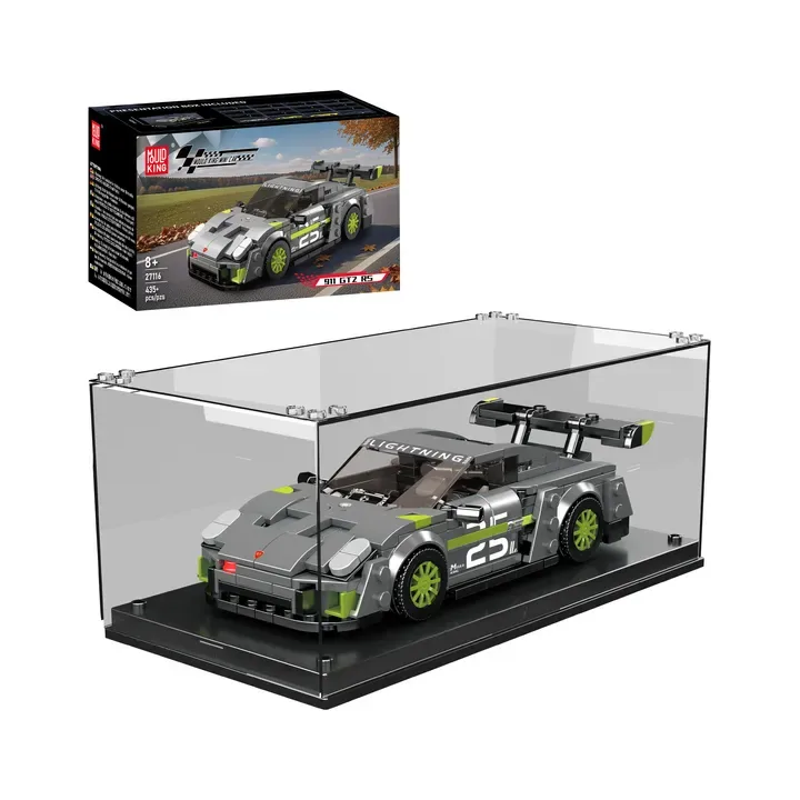 Mould King 911 GTZ R5 27116 building block set, featuring the product box, the built car model, and a clear acrylic display case on a white background.