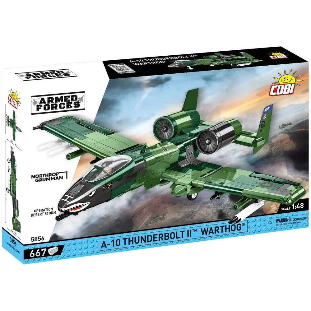 Front of the COBI A-10 Thunderbolt II Warthog 5856 building block set box, featuring a detailed model of the attack aircraft flying over a desert landscape.