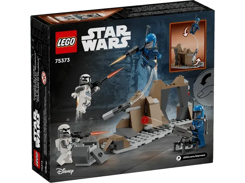 Back of the Lego Ambush on Mandalore Battle Pack box, showing action scenes of blue Mandalorians fighting white Imperial Commandos around a rock formation with a catapult feature.
