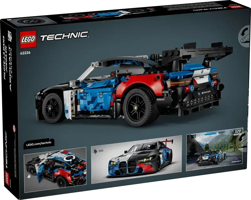 Full view of the Lego BMW M4 GT3 EVO Race Car 42226-1 box, showcasing the rear of the assembled model against a dark background.