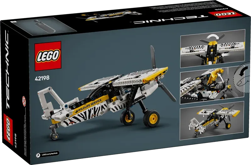 Back of Lego Technic 42198-1 Bush Plane box showing features.