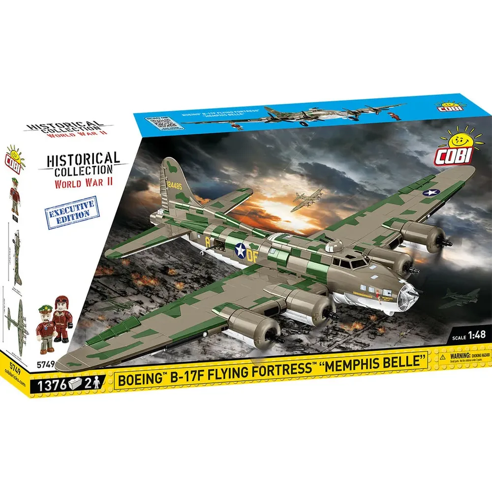 COBI Boeing B-17F Flying Fortress 5749 box front, showing the model plane 'Memphis Belle' flying over a warzone, with details about the 1376 pieces and 2 figures.