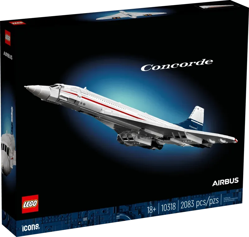 The retail box for the Lego Concorde 10318-1 set, featuring an image of the white and blue Concorde model mid-flight against a dark blue gradient background. The box displays the LEGO logo, 'AIRBUS', 'Concorde', '18+', '10318', and '2083 pcs/pzs'.