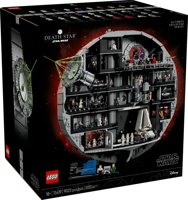 Front of the Lego Star Wars Death Star Ultimate Collector Series set box showing the cutaway model, minifigures, and the superlaser.