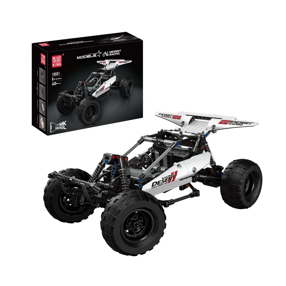 Mould King Desert Racing Buggy Remote Controlled 18001 with its product box, showcasing the white and black vehicle on a white background.