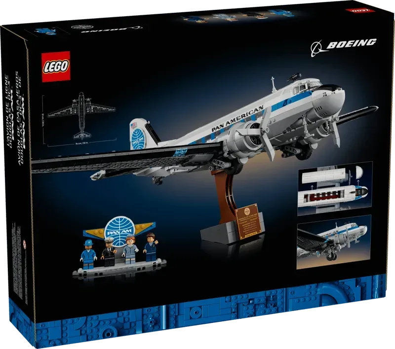 Lego Douglas™ DC-3™ PAN AM® Airliner 11378-1 box, back view, showing the assembled plane on a stand, minifigures, and interior details.