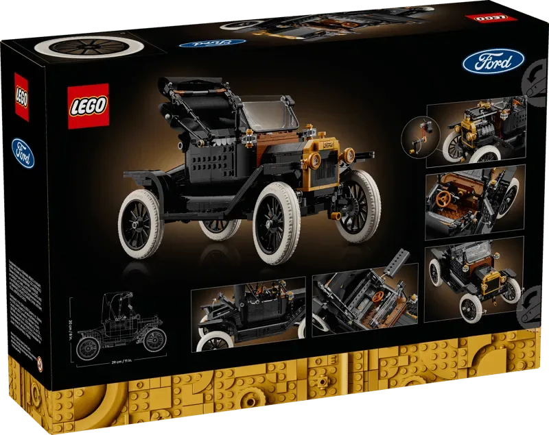 Back of the Lego Ford Model T 11376-1 box showing features and intricate details of the model, including the engine, interior, and convertible roof options.