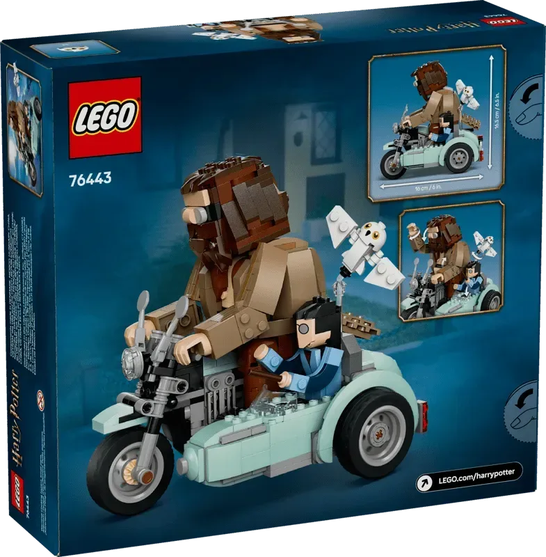Back view of the Lego Hagrid & Harry's Motorcycle Ride 76443 box, showing set details and dimensions.