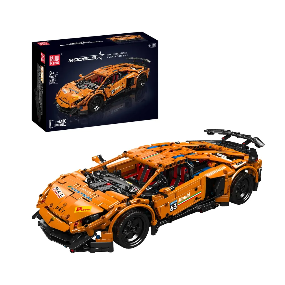 Mould King Italian Bull SVJ Remote Controlled Car 13177 with its detailed box, showcasing the vibrant orange supercar model.