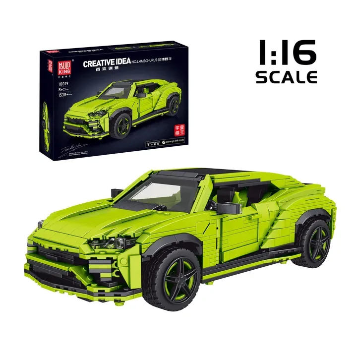 Full view of the Mould King Italian Bull Urus 10019 building set, showcasing the lime green brick-built SUV next to its product box. The image also states "1:16 SCALE" in the top right.