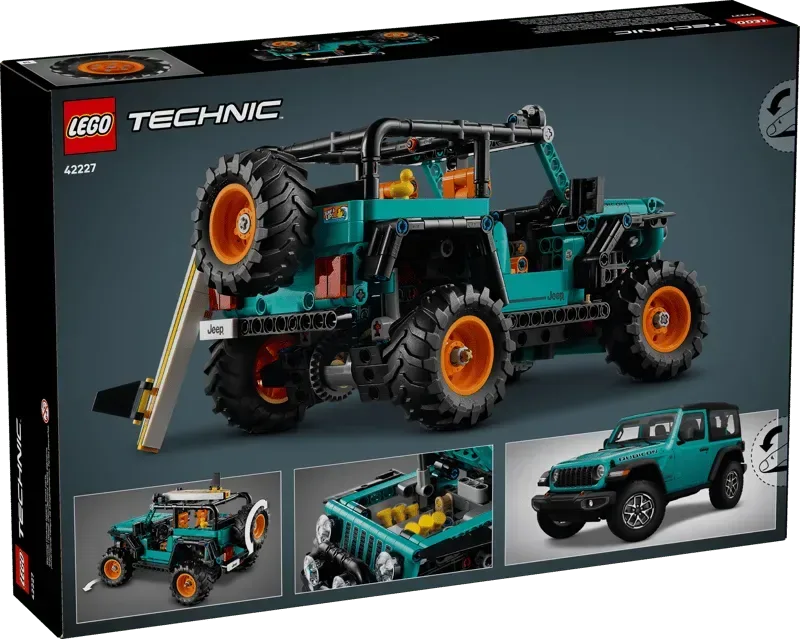 The box art for the Lego Jeep® Wrangler Rubicon SUV 42227-1 shows the assembled vehicle from the rear-left with a shovel, spare tire, and smaller inset images of the front, engine, and undercarriage.
