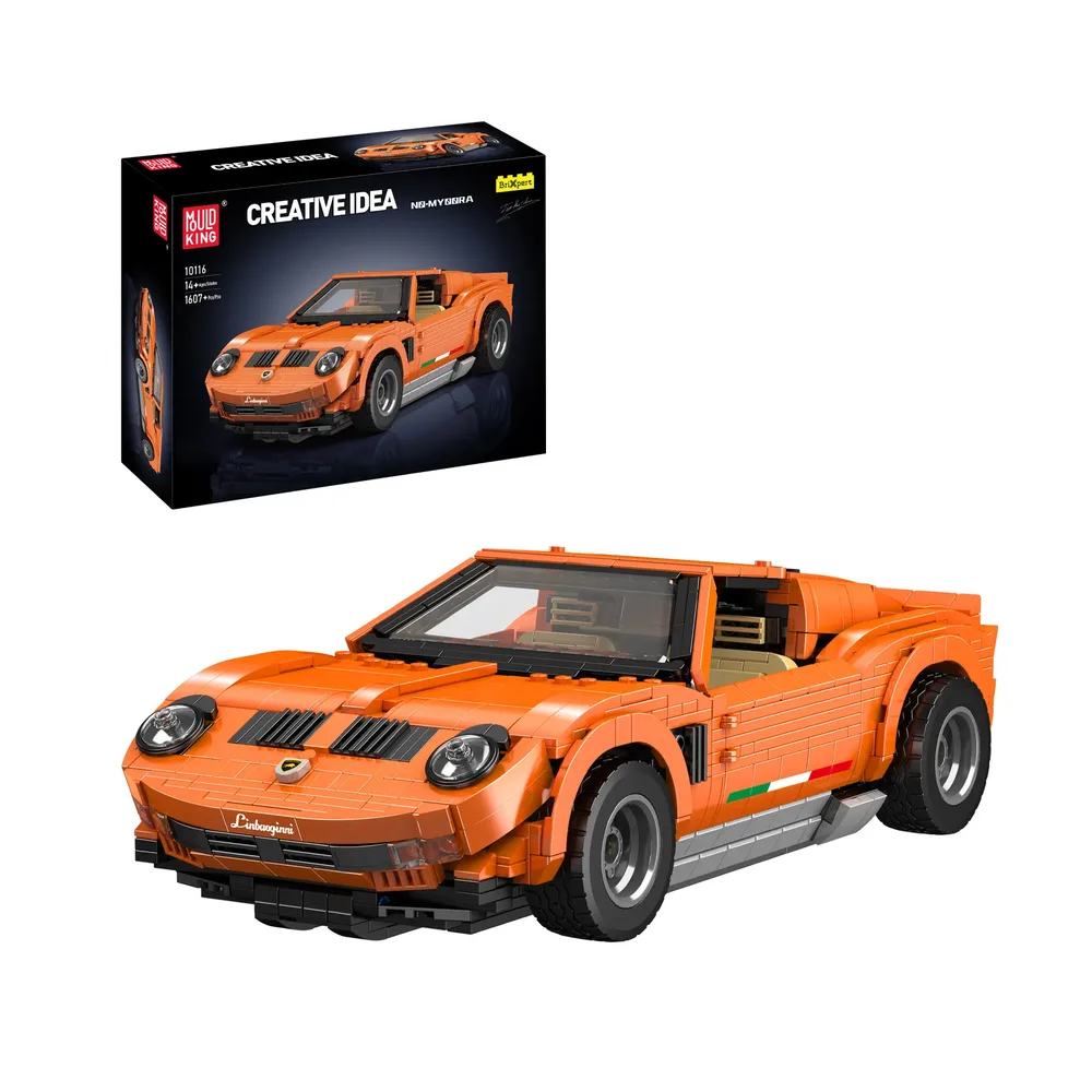 Mould King Lamb Miura Car 10116 building block set, featuring an orange replica of the classic supercar with its product box displayed next to it. The car has intricate details, sleek lines, and the box shows the model number and 'CREATIVE IDEA' branding.