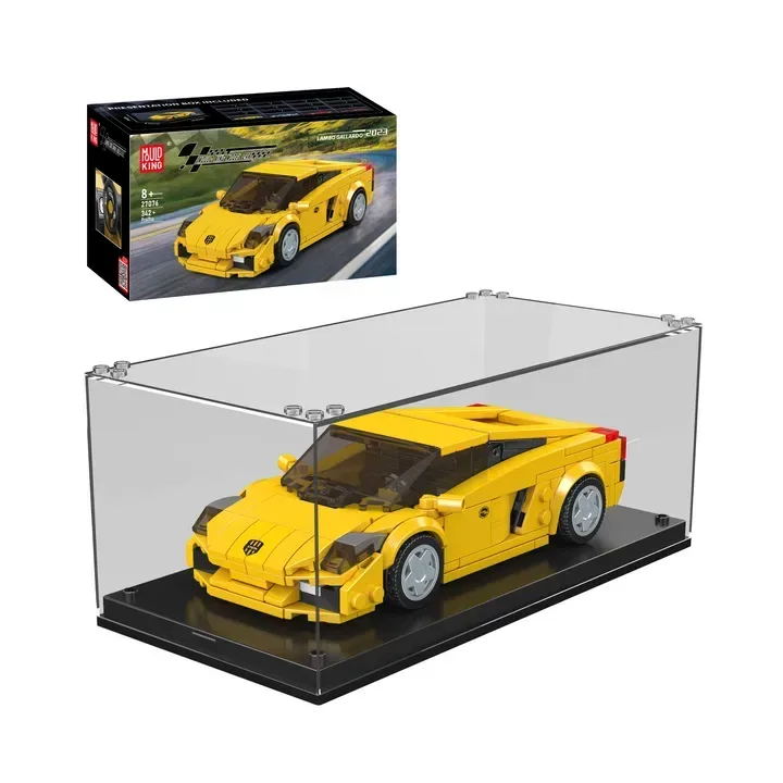The Mould King Lambo Gallardo Car 27076 building block set, featuring a vibrant yellow brick model of the Lamborghini Gallardo in a clear acrylic display case with a black base, alongside its detailed product box showing the age recommendation 8+ and piece count 342+.