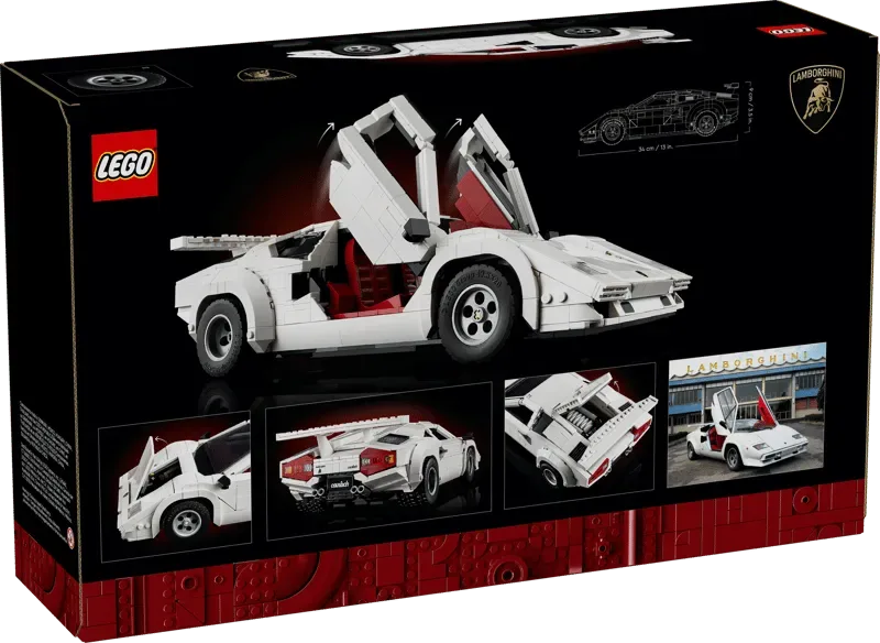 Back of the Lego Lamborghini Countach 5000 Quattrovalvole 10337-1 box, showcasing the model with its iconic scissor doors open, revealing a red interior, along with diagrams and product details.