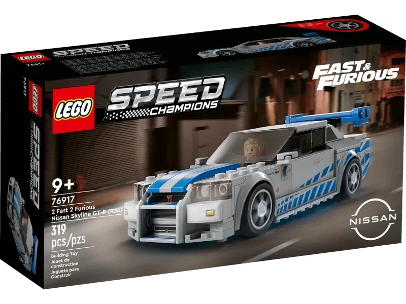 Lego 2 Fast 2 Furious Nissan Skyline GT-R (R34) 76917 box art, front view with the grey and blue car and Brian O'Conner minifigure.