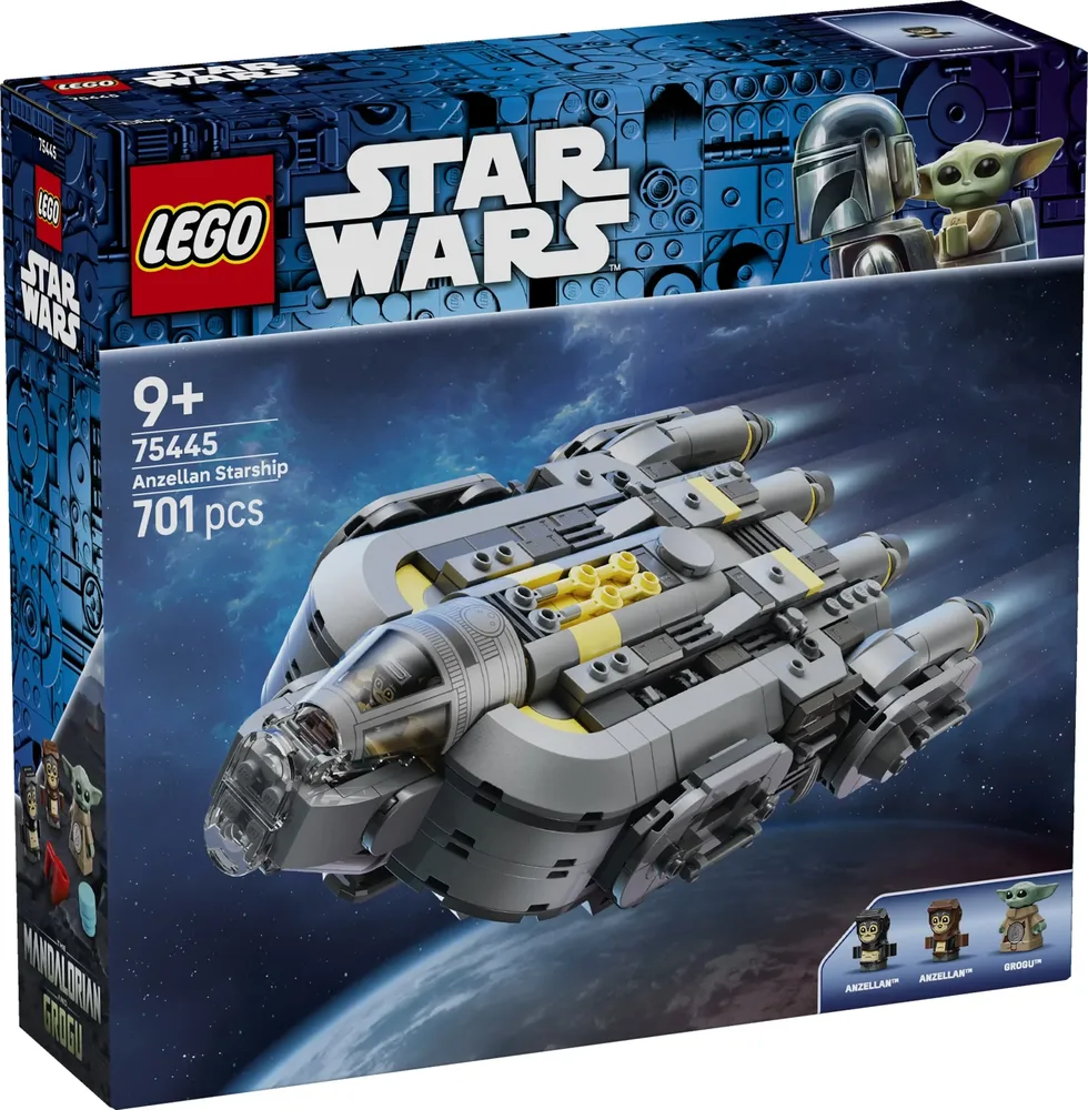 Front view of the LEGO Star Wars Anzellan Starship set box, showing the ship flying above a planet, with The Mandalorian and Grogu in the top right corner.