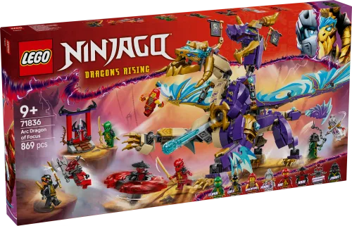 The front of the LEGO Ninjago Dragons Rising 71836 Arc Dragon of Focus box, showcasing the two-headed purple and gold dragon with light blue wings, surrounded by various minifigures in action. The set number '71836', '9+', and '869 pcs' are visible.