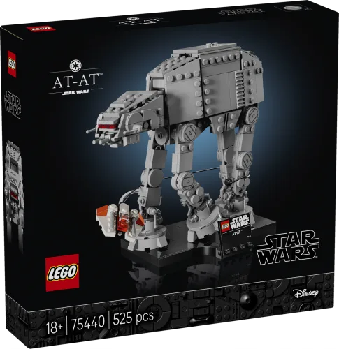 Lego Star Wars AT-AT 75440 set box showing the completed model on a display stand with a mini Snowspeeder.