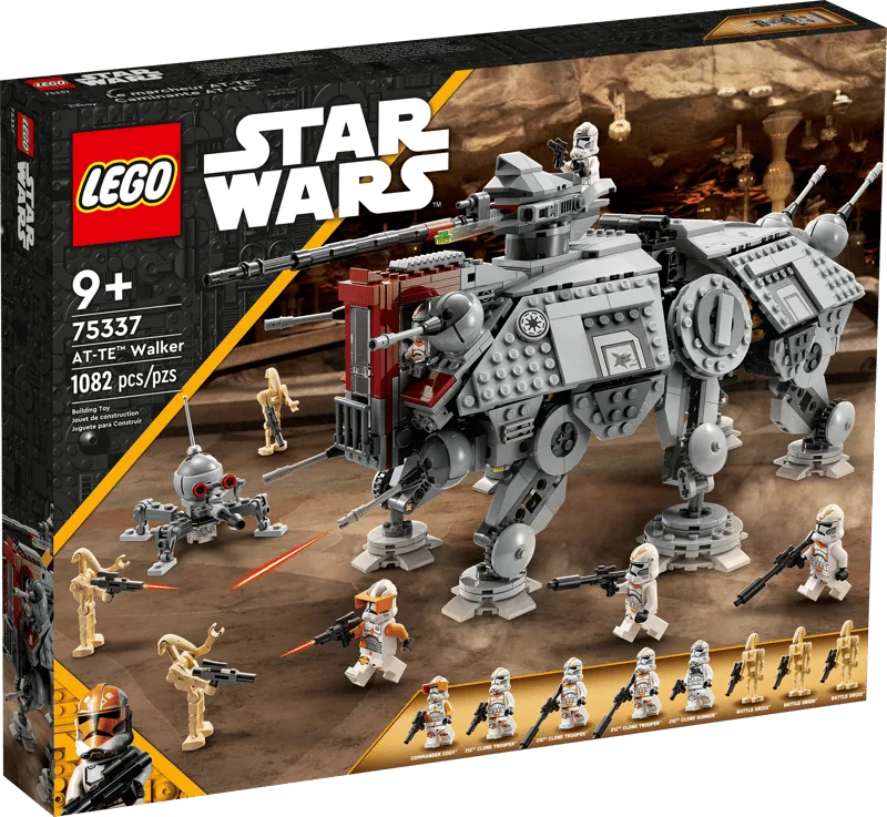 Front view of the LEGO Star Wars AT-TE Walker 75337 box, showing the walker, minifigures, and a Spider Droid in an action pose. The box displays the LEGO and Star Wars logos, age recommendation, set number, and piece count.