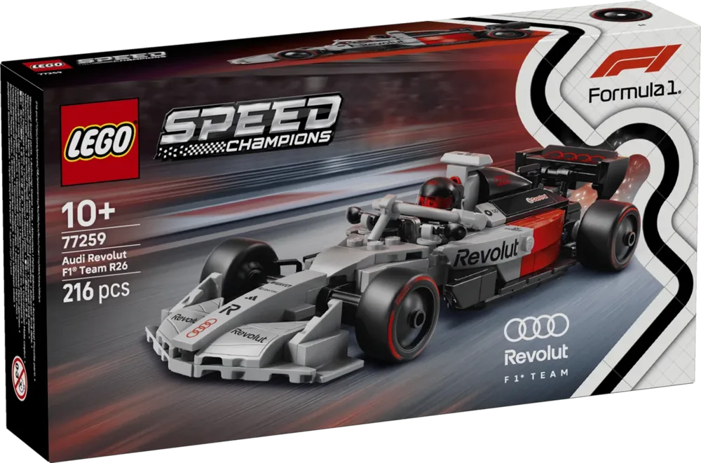 Front view of the LEGO Audi Revolut F1 Team R26 Race Car 77259 box showing the F1 car in grey, red, and black, along with the age recommendation 10+ and 216 pieces.