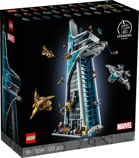 The front of the LEGO Marvel Avengers Tower 76269 box, showing the completed tower with numerous minifigures and vehicles in action against a black background.