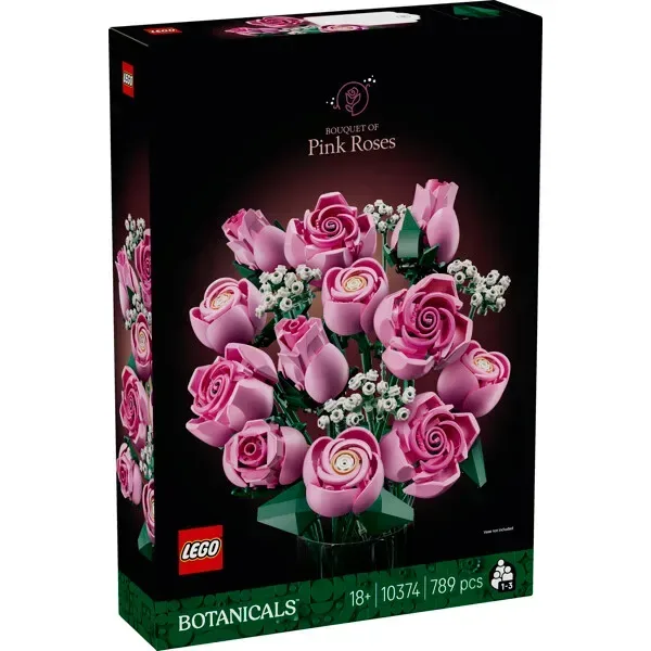 LEGO Botanicals Bouquet of Pink Roses 10374 box, featuring an arrangement of 12 pink roses and baby's breath.