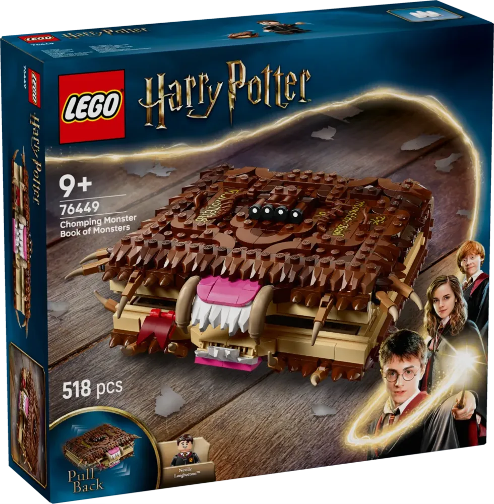 Front view of the LEGO Harry Potter 76449 Chomping Monster Book of Monsters box, showing the book, minifigures, piece count, and age recommendation.