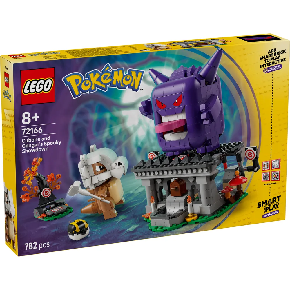 The front of the LEGO Pokémon Cubone and Gengar's Spooky Showdown 72166 box, featuring a large purple Gengar atop a grey structure, a brown Cubone with its bone club, and a fiery tree element against a dark purple background.