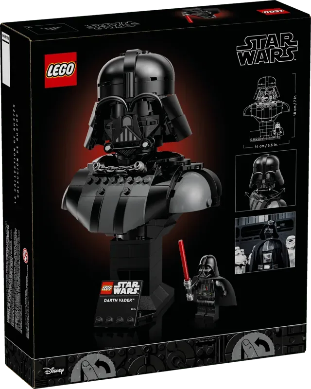 Rear view of the LEGO Star Wars Darth Vader Bust (75439) box, showing the assembled model and a minifigure.
