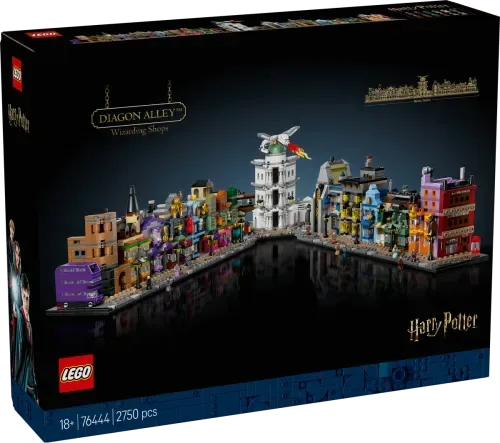 Front of the LEGO Diagon Alley™ Wizarding Shops box, showing the assembled model in a V-shape display. The box is dark blue with the LEGO and Harry Potter logos.