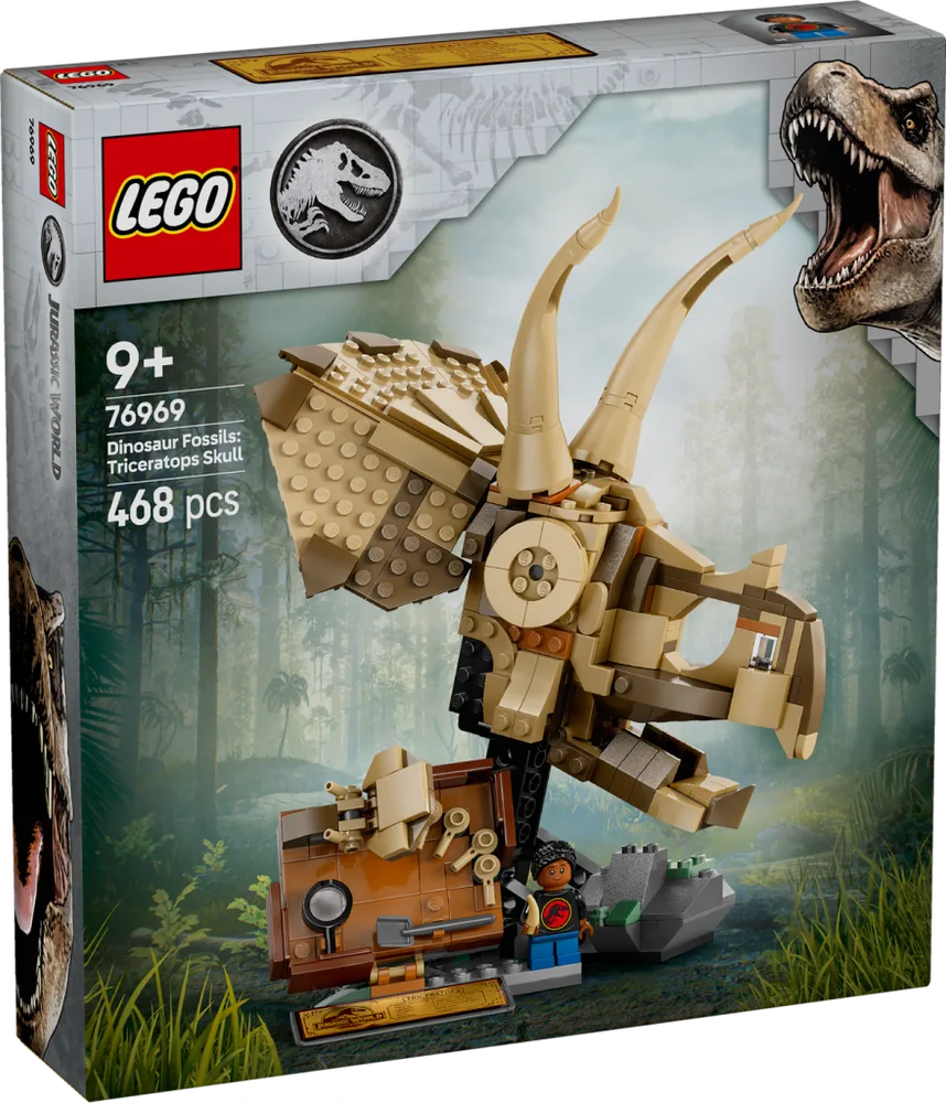 Front view of the LEGO Jurassic World Dinosaur Fossils Triceratops Skull 76969 box, showing the skull, minifigure, and tools against a jungle background.