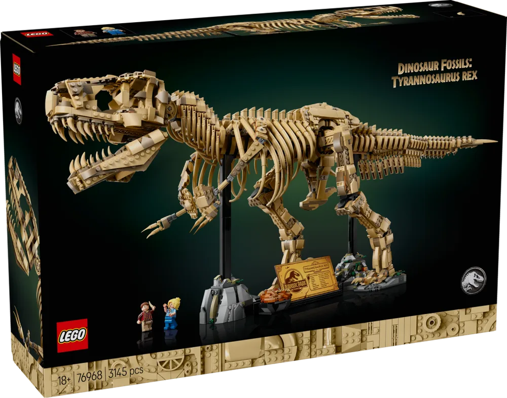 Front of the LEGO Dinosaur Fossils: Tyrannosaurus rex 76968 box, featuring the built skeleton, display stand, and minifigures.