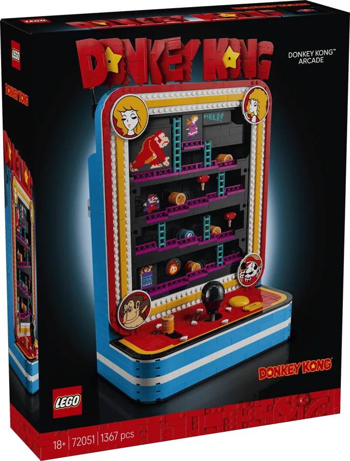 A close-up view of the Donkey Kong Arcade LEGO box showing the assembled model on the front. The box is predominantly black with red and blue accents, featuring the iconic game title and LEGO branding.