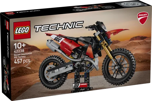 Front view of the LEGO Technic Ducati Desmo450 MX Factory set box, featuring the red and black dirtbike on a desert background.