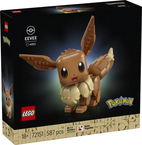 Front view of the LEGO Eevee 72151 box, featuring a detailed brick-built Eevee model against a dark background, with LEGO and Pokémon branding visible.