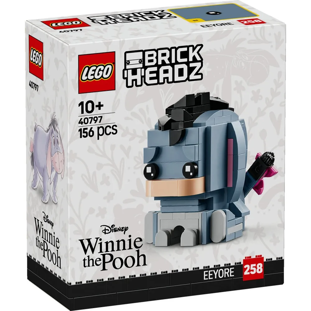 Front view of the LEGO BrickHeadz Disney Winnie the Pooh Eeyore 40797 set box, featuring the assembled Eeyore figure and the Winnie the Pooh branding.