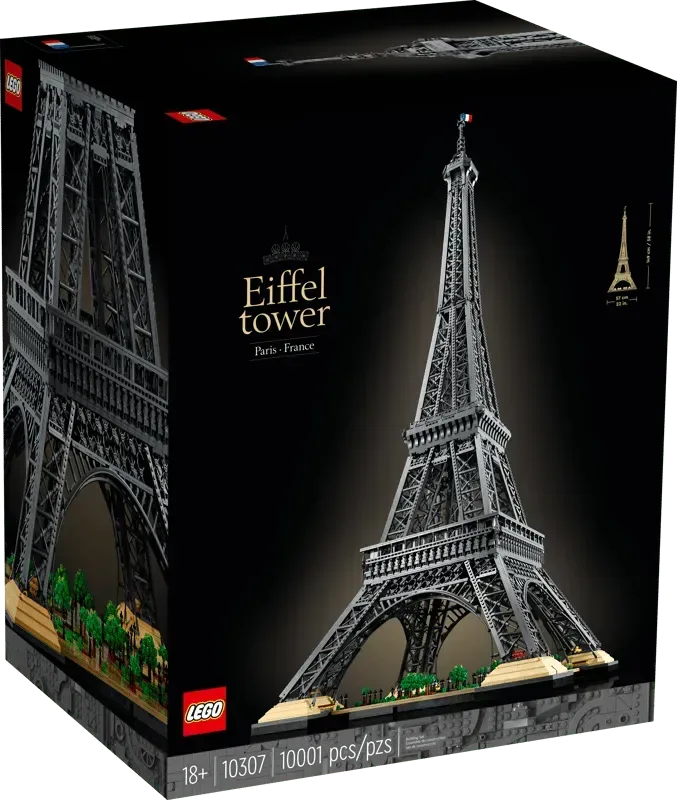 Front view of the black box for the LEGO Eiffel Tower 10307 set, showing the completed model against a black background with "Eiffel Tower Paris - France" text and piece count "10001 pcs".