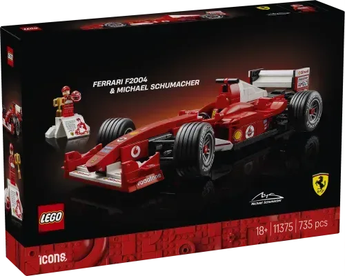 Front of the LEGO box for the Ferrari F2004 & Michael Schumacher set, showing the car model and minifigure, set number, piece count, and 'LEGO Icons' branding.