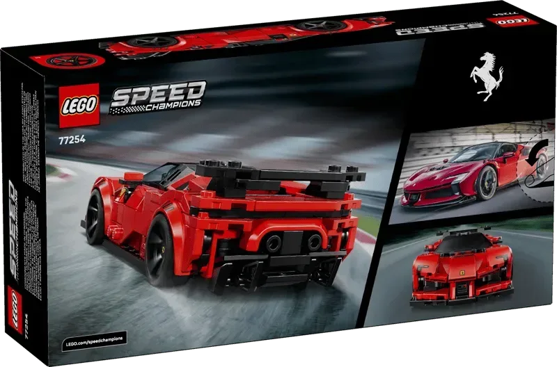 Back of the Lego Ferrari SF90 XX Stradale Sports Car 77254-1 box, showcasing the red car from the rear, a real car image, and an overhead view of the model.