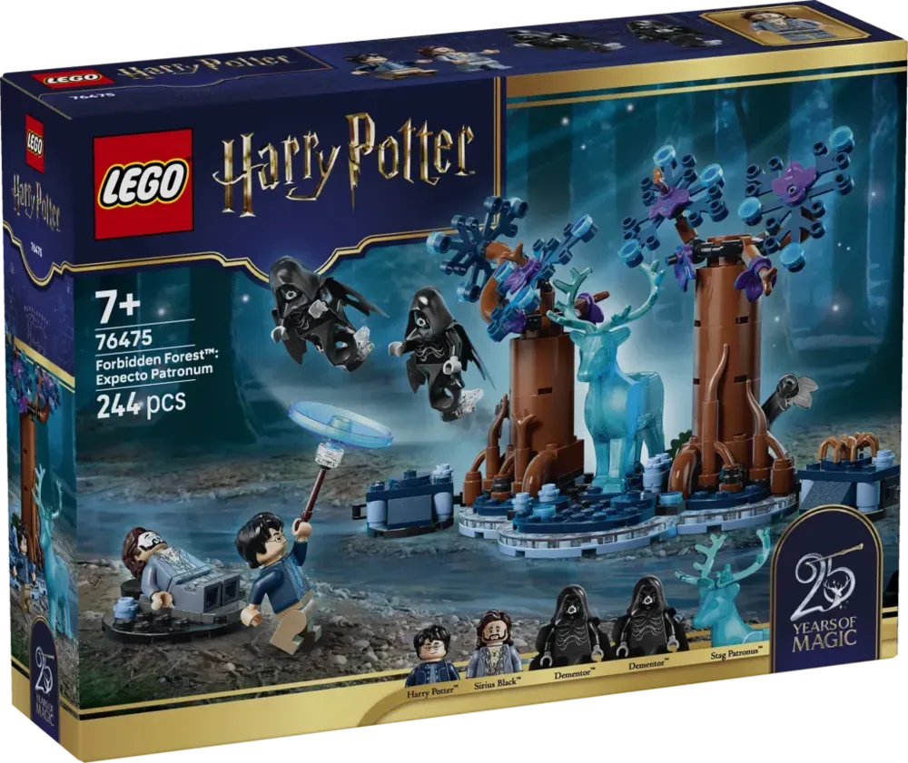 Front view of the LEGO Harry Potter Forbidden Forest Expecto Patronum set box, showing Harry Potter, Sirius Black, two Dementors, and a Stag Patronus build.