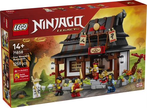 Front view of the LEGO Ninjago Legacy Four Weapons Blacksmith (71858) box, showing the assembled model and minifigures, with details like piece count and age range.