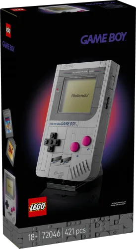 LEGO 72046 Nintendo Game Boy box art showing the console, a game pak, and set details.
