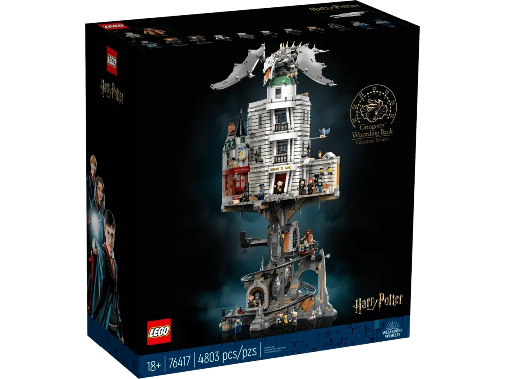 The front of the LEGO Harry Potter Gringotts Wizarding Bank – Collectors' Edition box, showcasing the completed model with the Ukrainian Ironbelly dragon atop the bank and the Gringotts vault system below. The box indicates 18+, set 76417, and 4803 pieces.