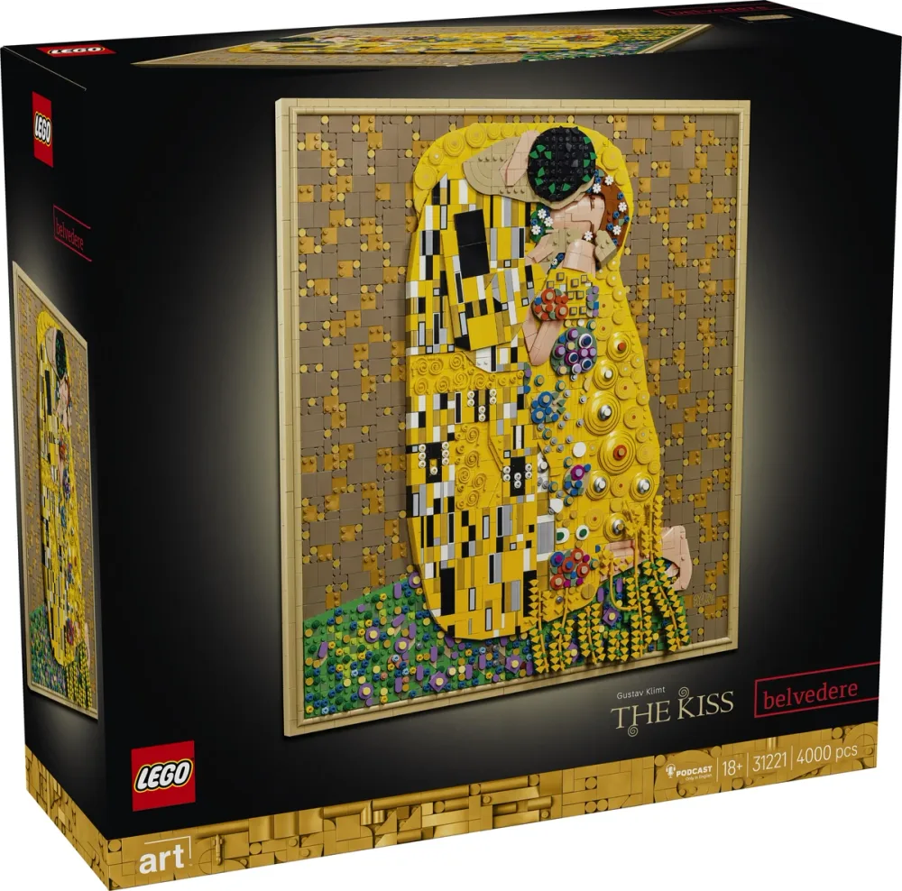 Front view of the LEGO Art 31221 Gustav Klimt The Kiss set box, featuring the completed brick-built painting on a black background with golden accents.