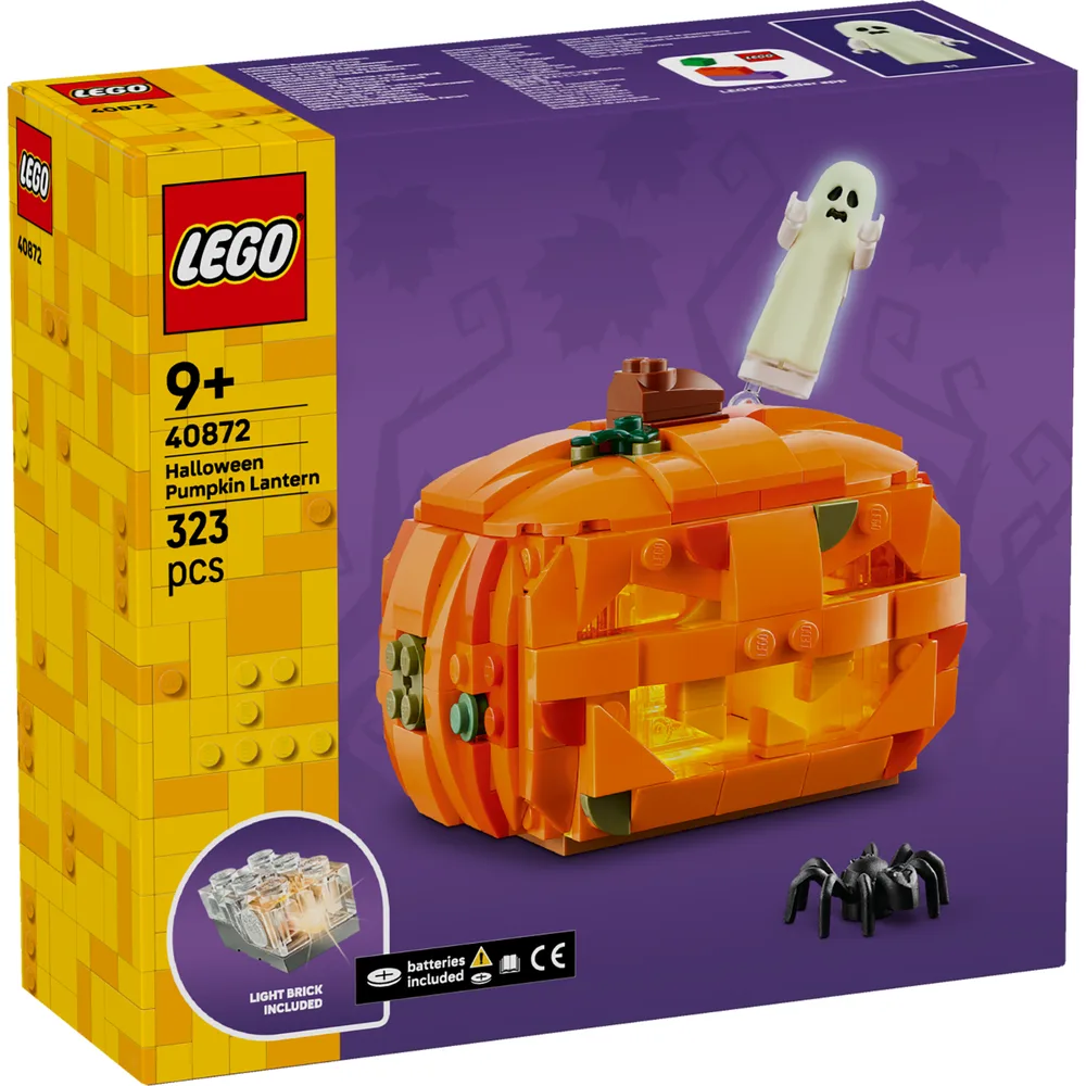 Front view of the LEGO Halloween Pumpkin Lantern (40872) box, displaying the assembled pumpkin, glow-in-the-dark ghost, spider, and a callout for the included light brick.