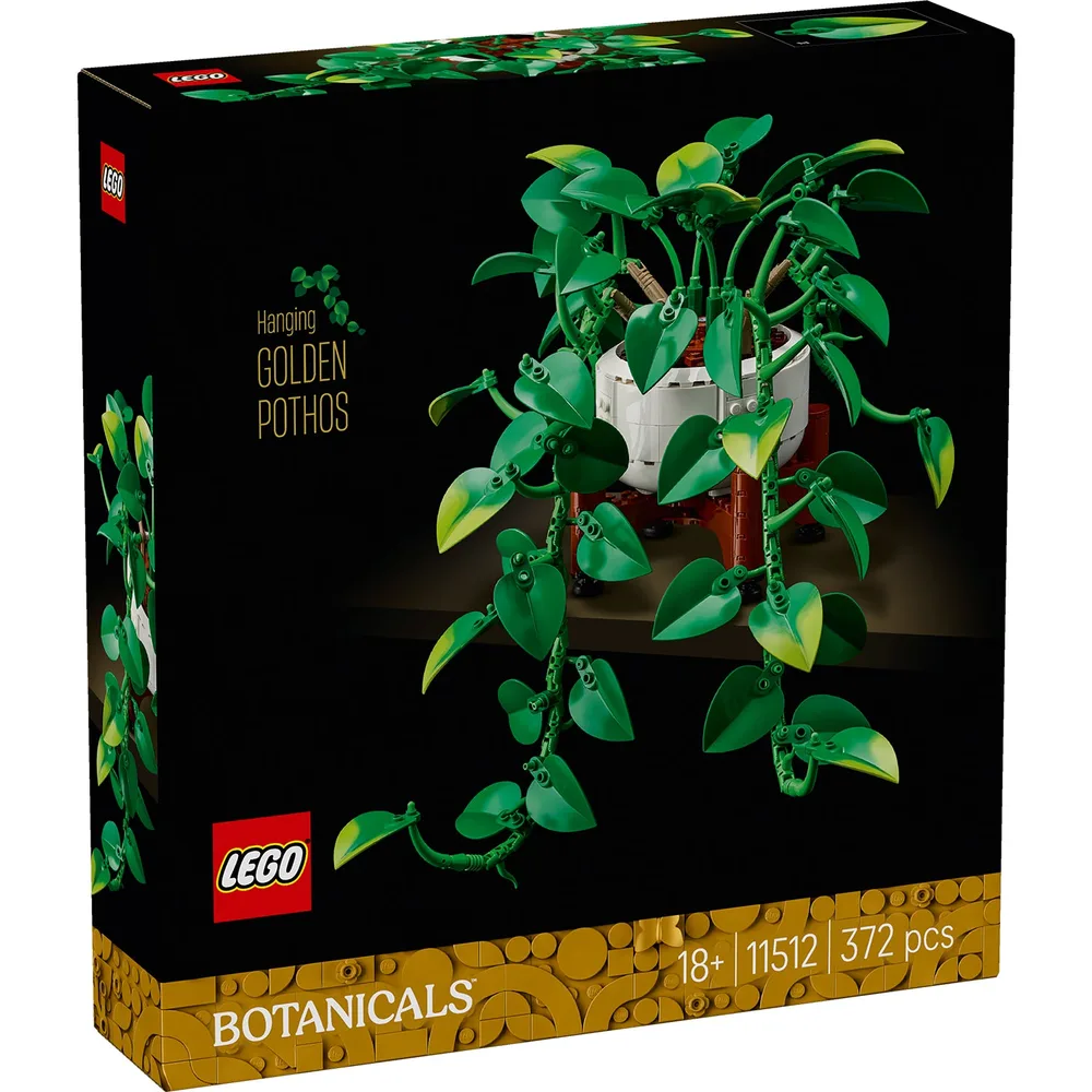 Front of the LEGO Hanging Golden Pothos box, showcasing the assembled plant against a black background with product details.