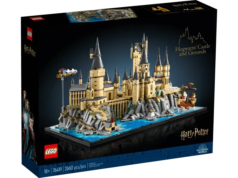 Front view of the Lego Hogwarts Castle and Grounds 76419 box, showing the assembled model, product number, age recommendation, and piece count.